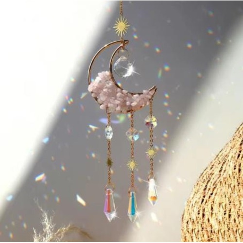 Colorful Crystal Gemstone Moon Suncatcher in Pink Quartz - Picture 1 of 2